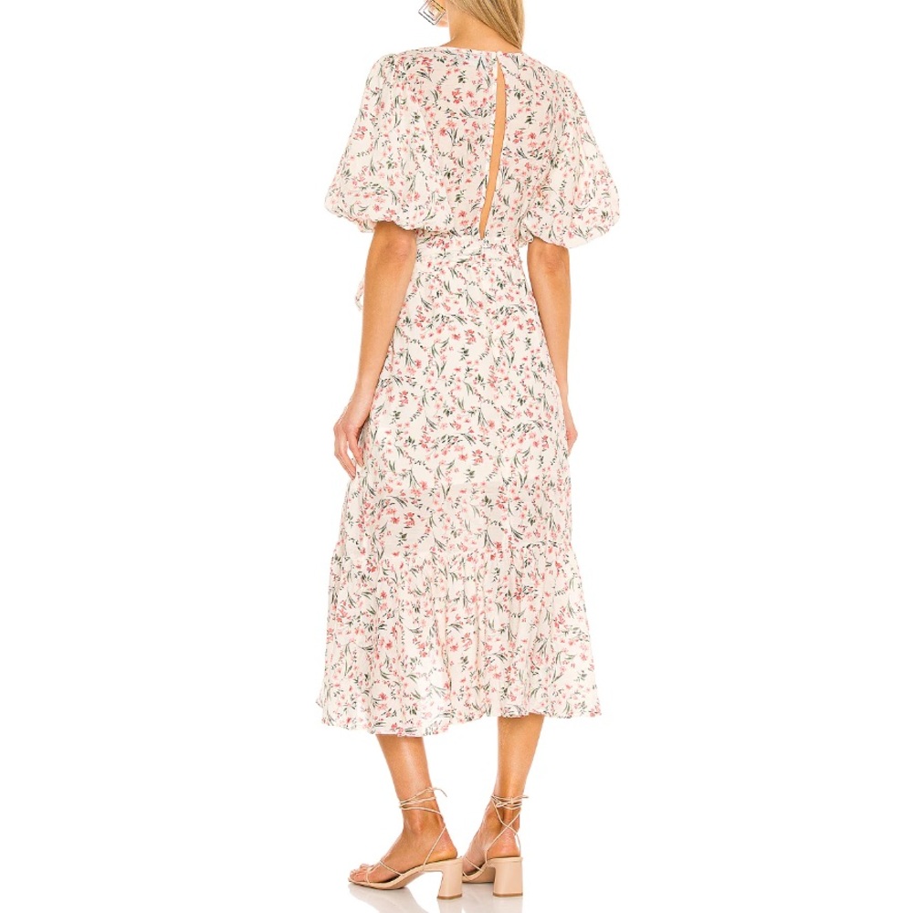 MINKPINK Cream Floral Wrap Midi Dress with Pink & Green Accents - Picture 2 of 12